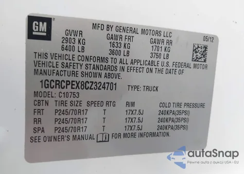 2012 Chevrolet Silverado 1500 Work Truck from USA, damaged, VIN 1GCRCPEX8CZ324701